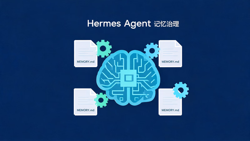 Hermes Agent 记忆治理——深蓝背景，芯片大脑周围环绕 MEMORY.md 文件和齿轮图标